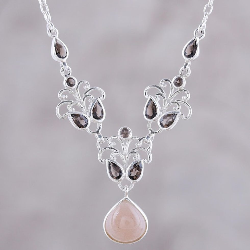 Moonstone Smoky Quartz Sterling Silver Pendant Necklace 'Evening Delight'