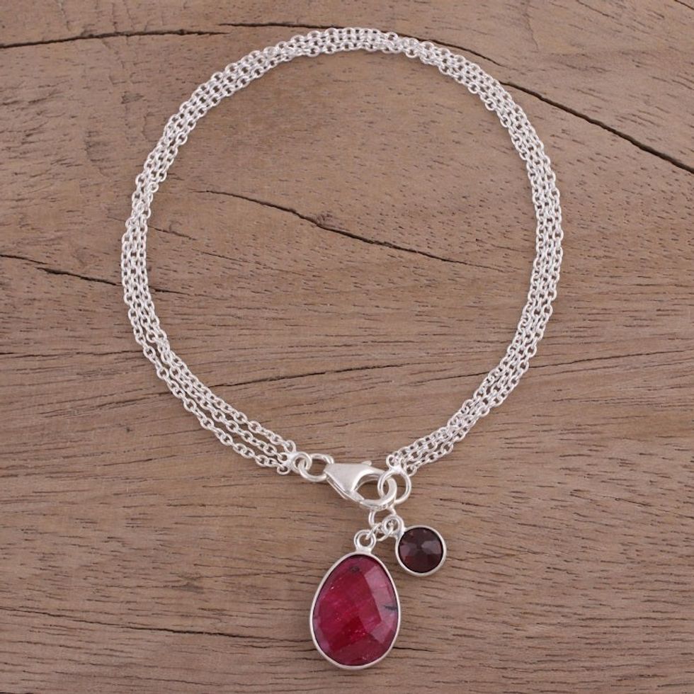 Ruby and Garnet Sterling Silver Charm Bracelet from India 'Twinkling Harmony'