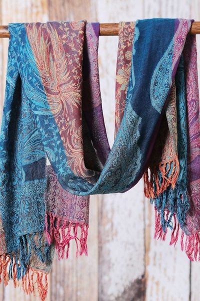 Alternate image for Woven Fringed Jamawar Wool Shawl in Blue Purple Yellow Regal Splendor