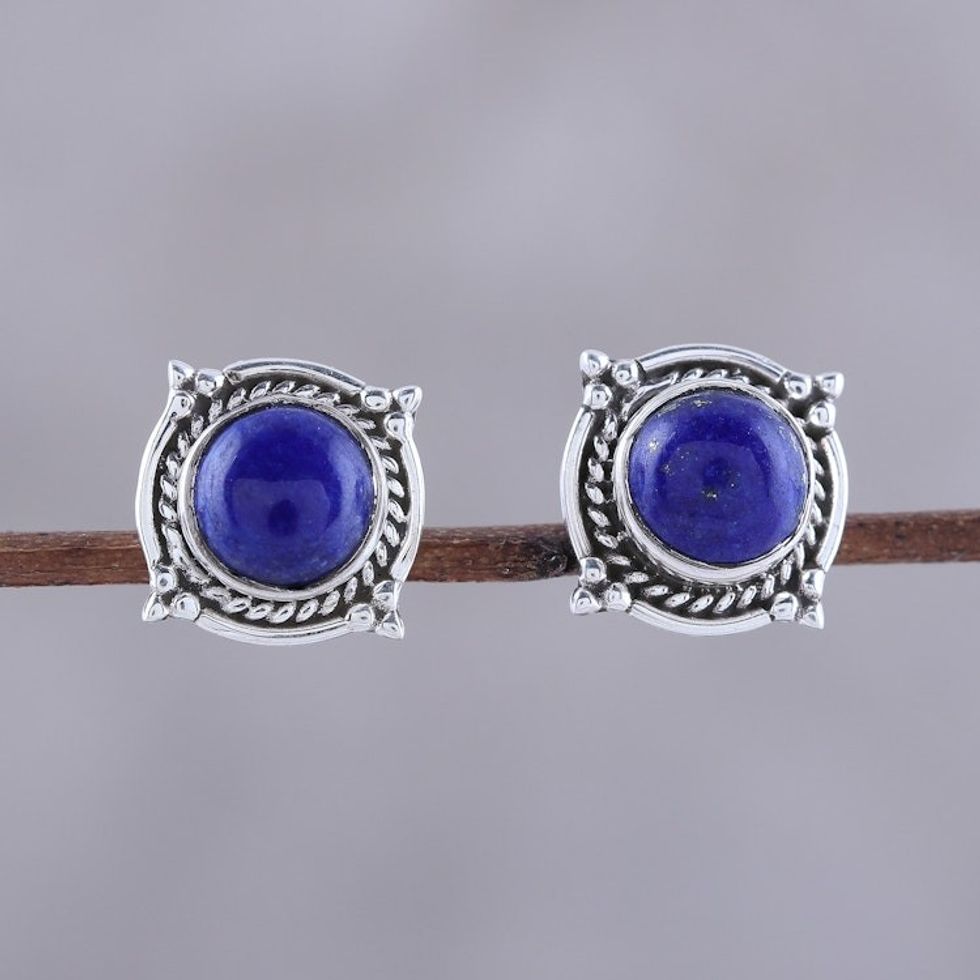 Lapis Lazuli Stud Earrings from India 'Morning Crowns'