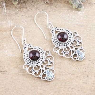 Primary image for Garnet and Blue Topaz Silver Dangle Earrings Glory Eternal