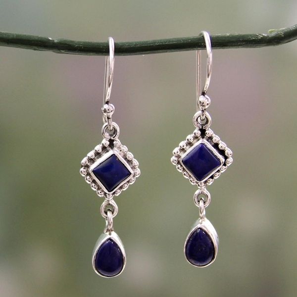 Alternate image for Lapis Lazuli and Sterling Silver Earrings Handmade in India Queen of Diamonds