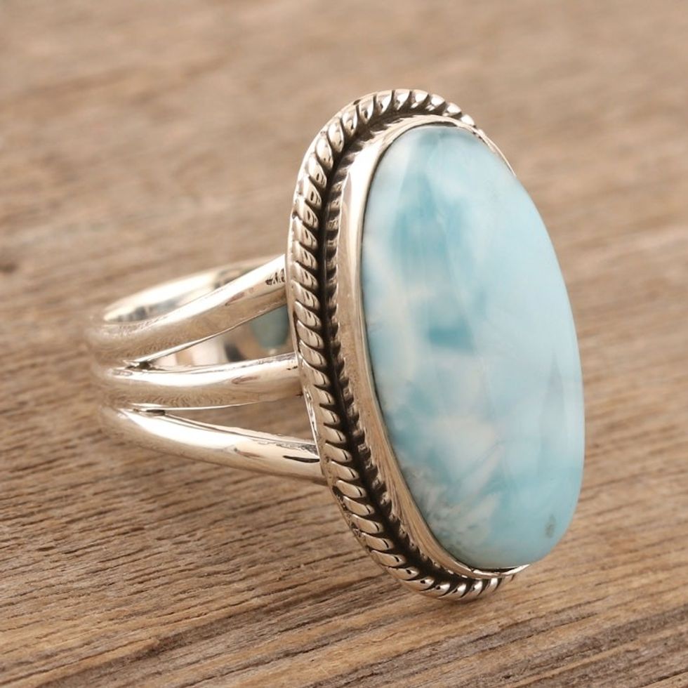 Hand Made Larimar and Sterling Silver Single Stone Ring 'Piece of Sky'