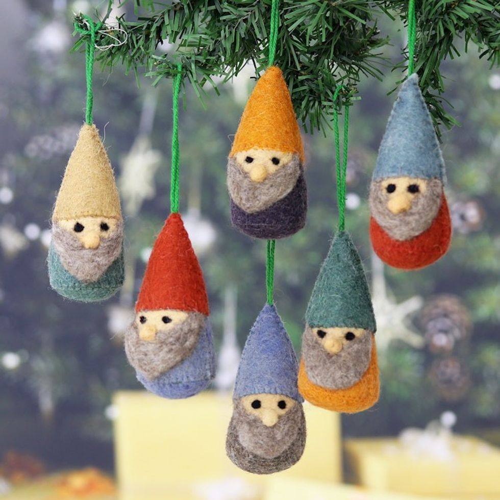 Set of 6 Wool Felt Gnome Ornaments in Cold Tones 'Winter Gnomes'