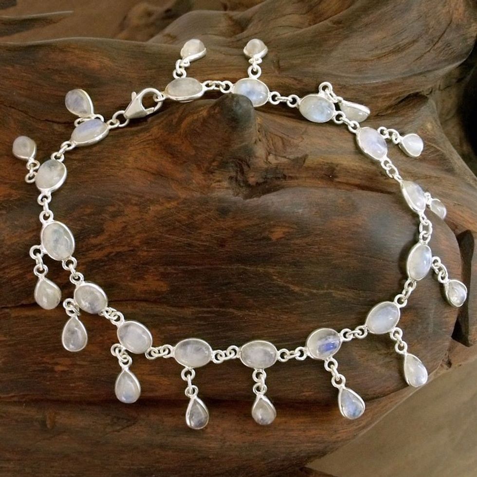 Fair Trade Sterling Silver Rainbow Moonstone Anklet 'Moon Dancer'