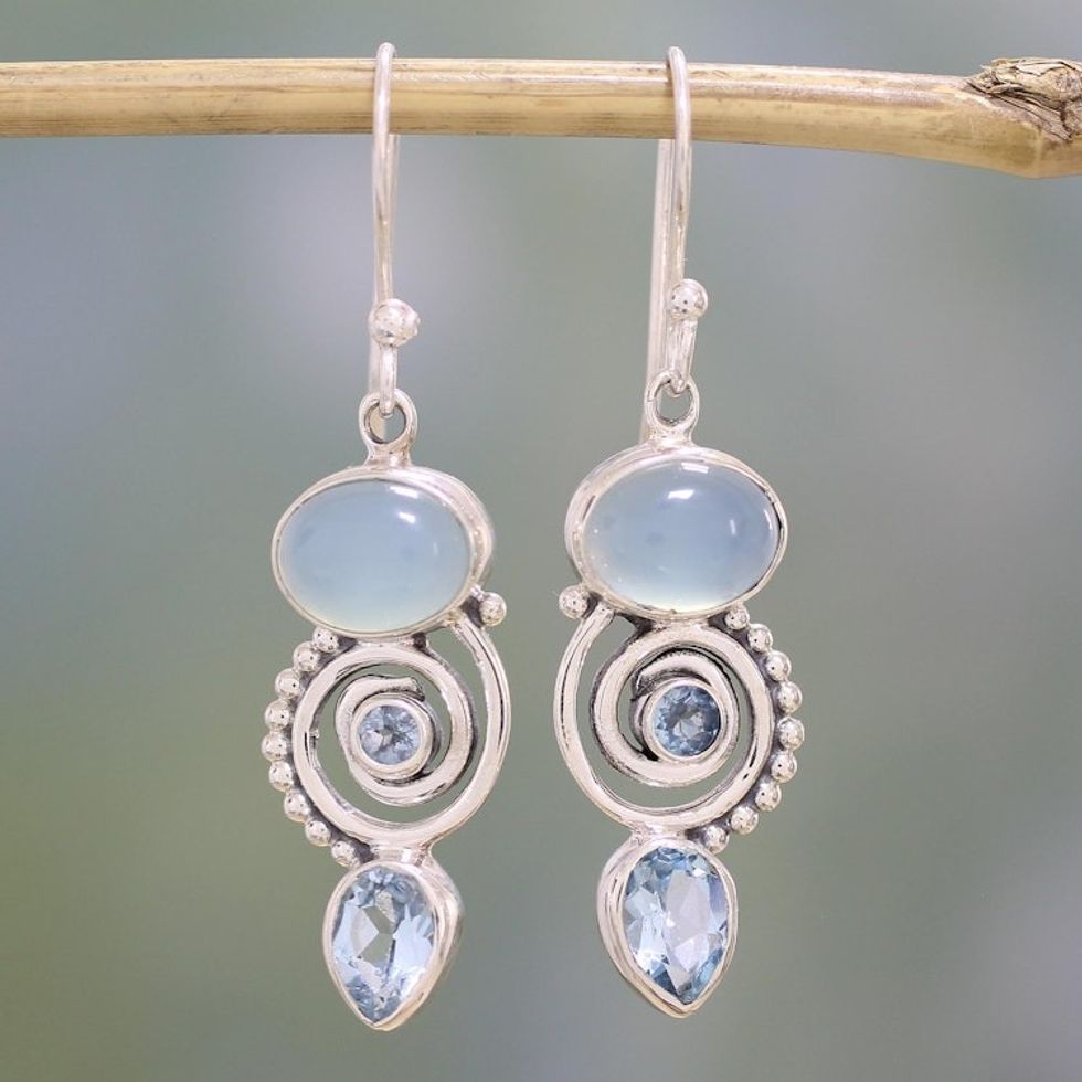 Blue Topaz and Chalcedony Dangle Earrings from India 'Sentimental Journey'