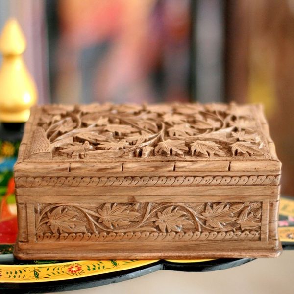 Alternate image for Hand Carved Wood Jewelry Box Ivy Fantasy