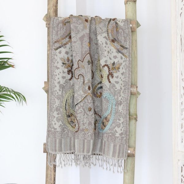 Alternate image for Hand-Embroidered Fringed Wool Shawl Paisley Day