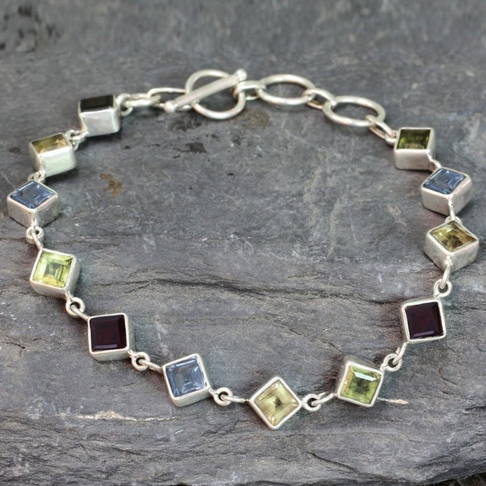 Handcrafted Multigemstone and Sterling Silver Link Bracelet 'Delicate Gaze'