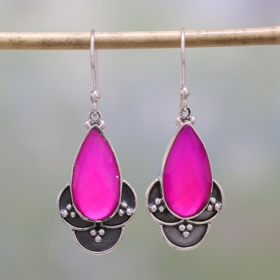 Pink Chalcedony and Sterling Silver Dangle Earrings 'Royal Radiance'