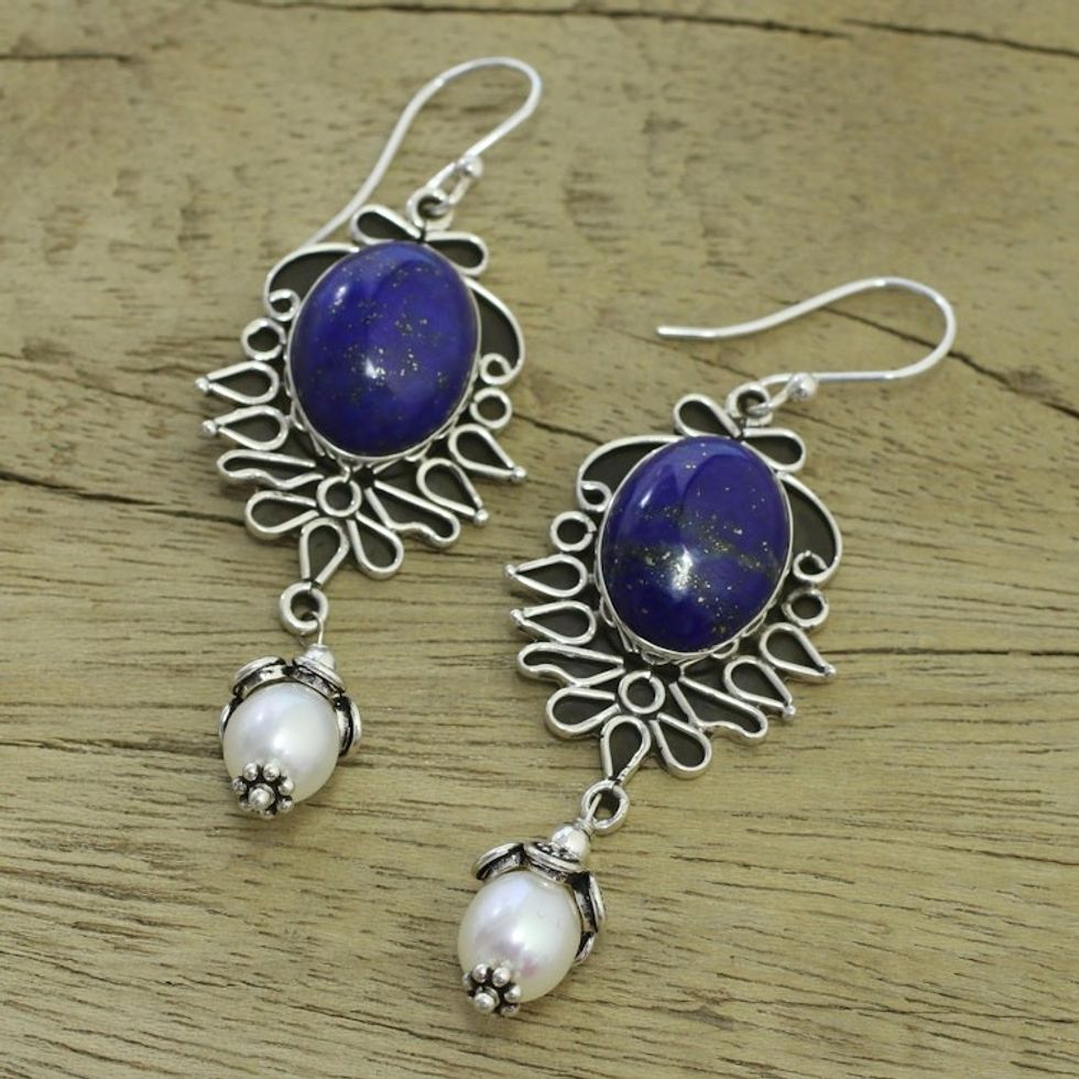 Lapis Lazuli and Pearl Earrings in Sterling Silver  'Ethereal'