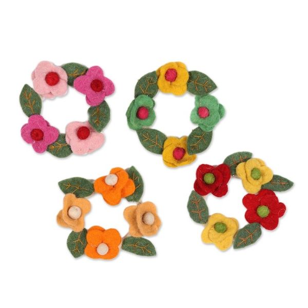 Alternate image for Floral Wreath Wool Felt Ornaments from India Set of 4 Floral Wreaths