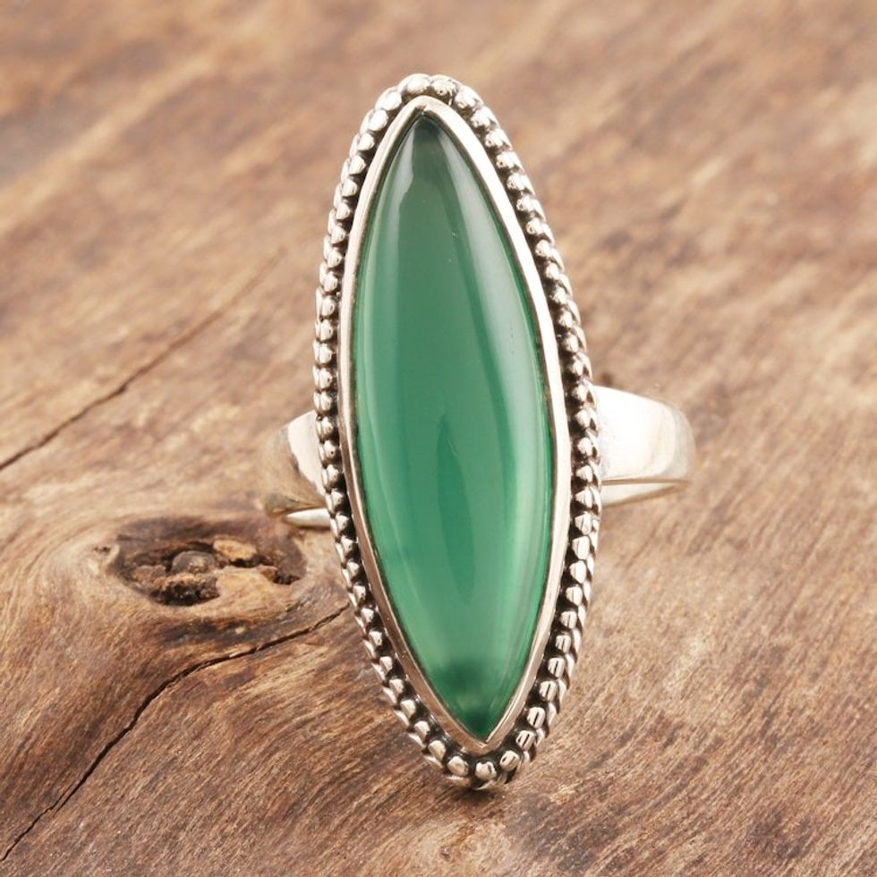 Marquise Green Onyx Cabochon Sterling Silver Cocktail Ring 'Gleaming Green'