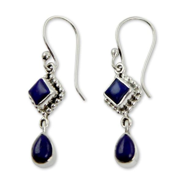 Alternate image for Lapis Lazuli and Sterling Silver Earrings Handmade in India Queen of Diamonds