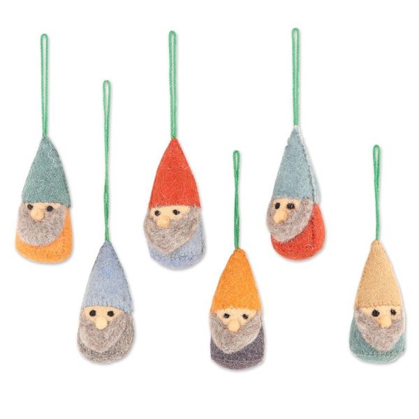 Alternate image for Set of 6 Wool Felt Gnome Ornaments in Cold Tones Winter Gnomes