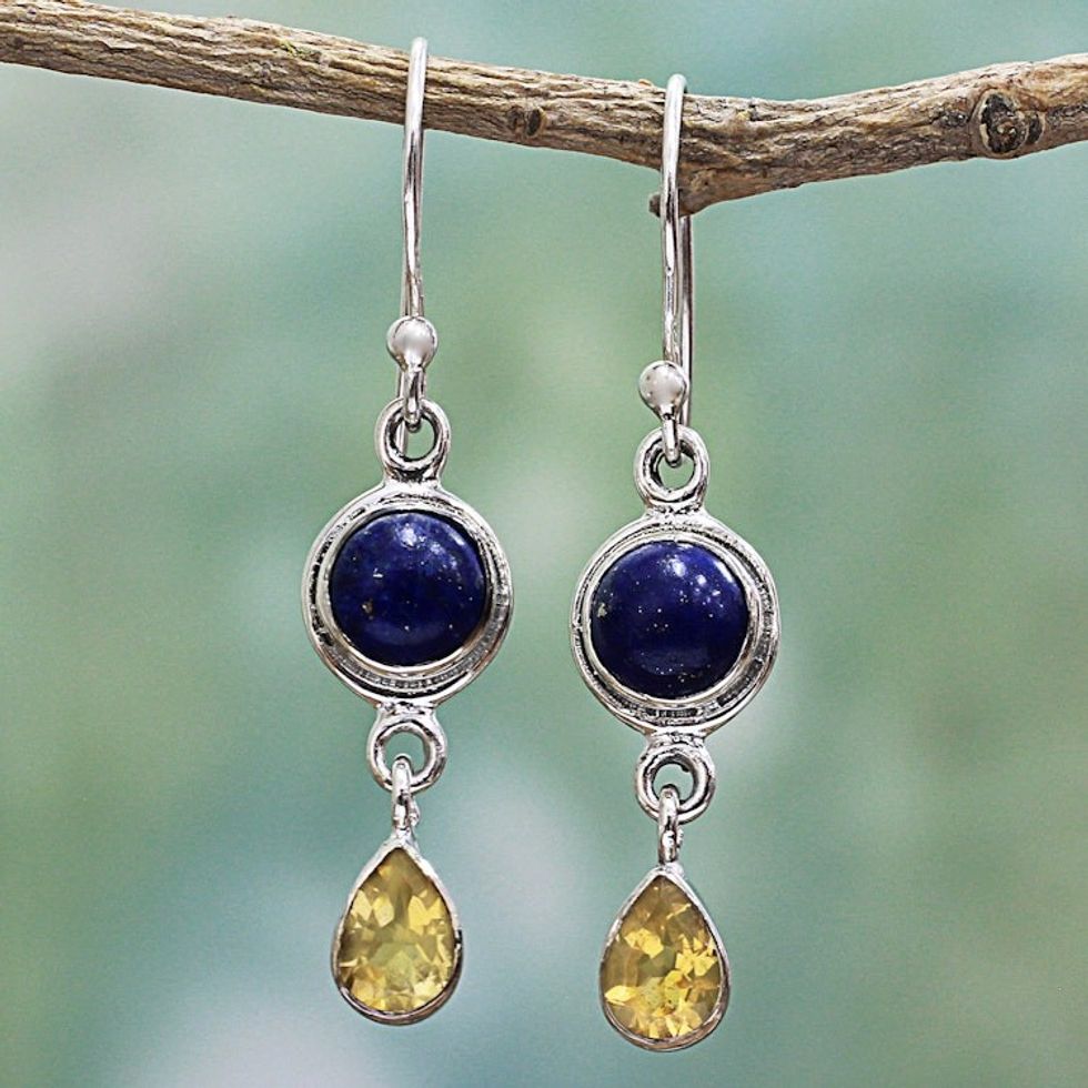 Lapis Lazuli and Citrine Sterling Silver Dangle Earrings 'Drops of Sun'