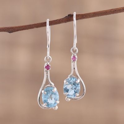 Alternate image for Indian Blue Topaz and Ruby Sterling Silver Dangle Earrings Enthralling Sky