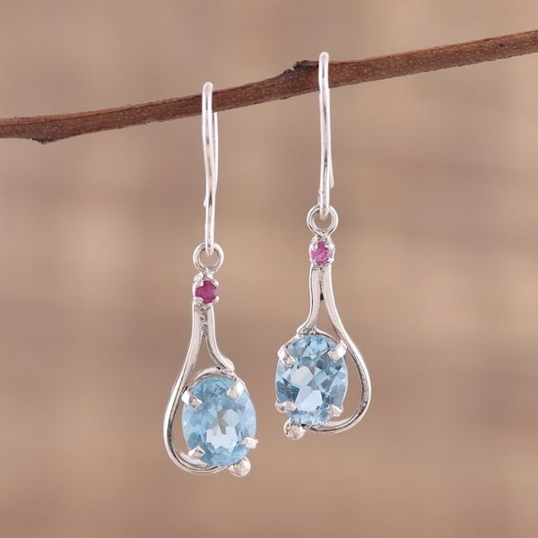 Alternate image for Indian Blue Topaz and Ruby Sterling Silver Dangle Earrings Enthralling Sky