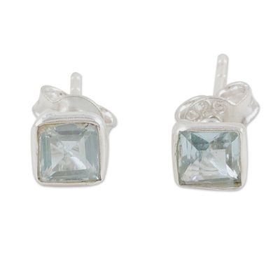 Alternate image for Sterling Silver Stud Earrings with Blue Topaz Gemstone Subtle Glimmer