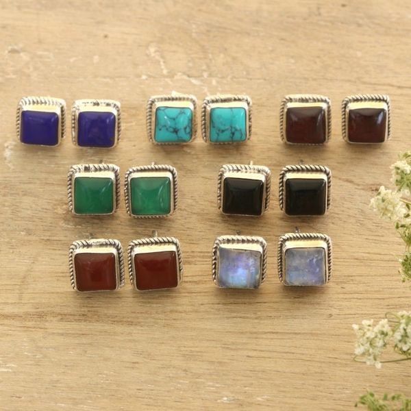 Alternate image for Hand Crafted Square Stud Earrings Set of 7 Dazzling Squares