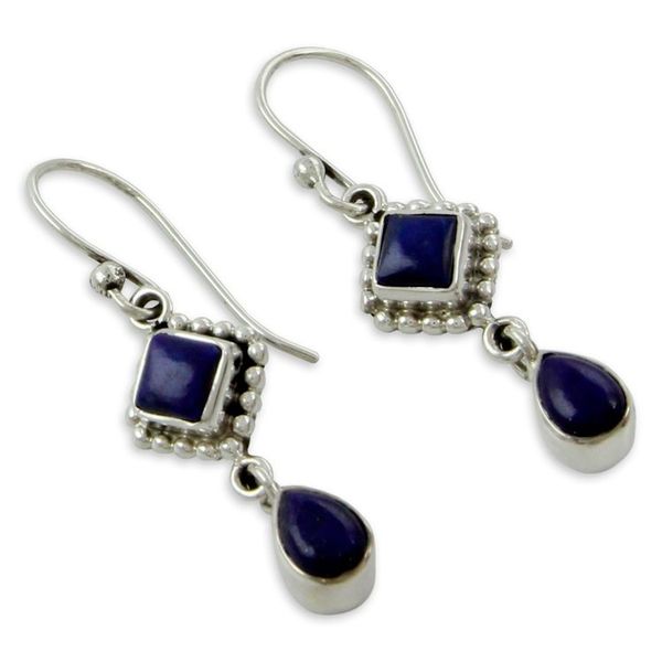 Alternate image for Lapis Lazuli and Sterling Silver Earrings Handmade in India Queen of Diamonds