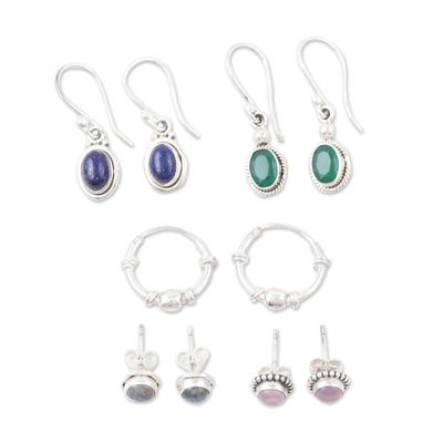 Alternate image for Set of 5 Sterling Silver Gemstone Earrings from India Everyday Style