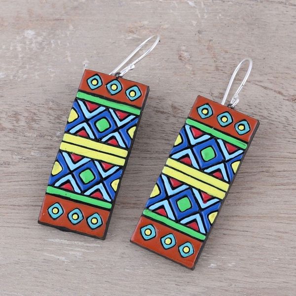 Alternate image for Handmade Ceramic Dangle Earrings with Sterling Silver Hooks Bright Fusion