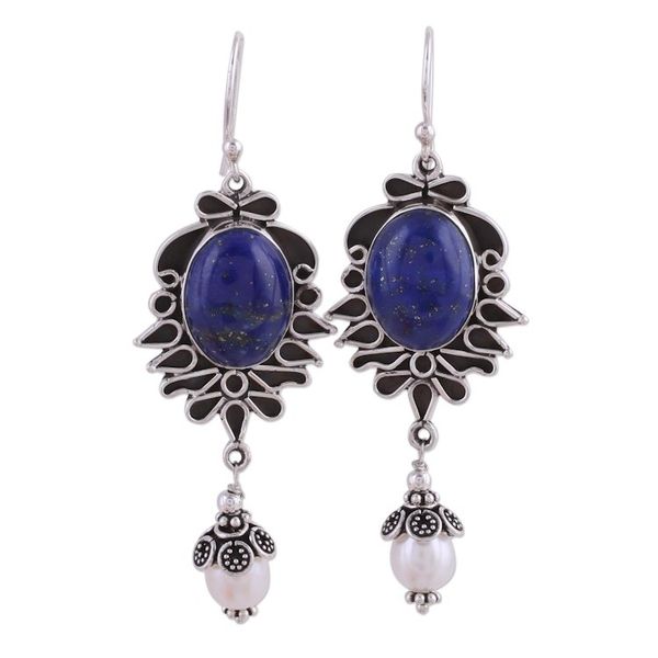 Alternate image for Lapis Lazuli and Pearl Earrings in Sterling Silver  Ethereal