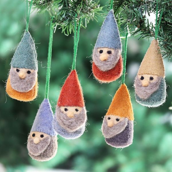 Alternate image for Set of 6 Wool Felt Gnome Ornaments in Cold Tones Winter Gnomes
