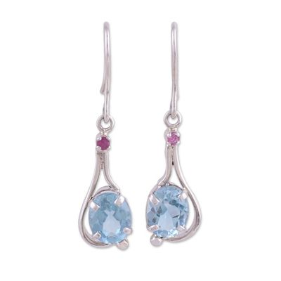 Alternate image for Indian Blue Topaz and Ruby Sterling Silver Dangle Earrings Enthralling Sky