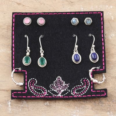 Alternate image for Set of 5 Sterling Silver Gemstone Earrings from India Everyday Style