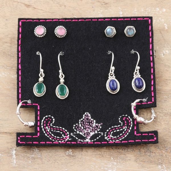 Alternate image for Set of 5 Sterling Silver Gemstone Earrings from India Everyday Style