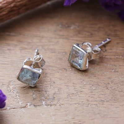 Alternate image for Sterling Silver Stud Earrings with Blue Topaz Gemstone Subtle Glimmer