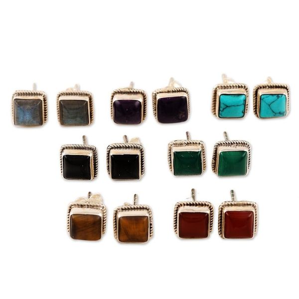 Alternate image for Hand Crafted Square Stud Earrings Set of 7 Dazzling Squares