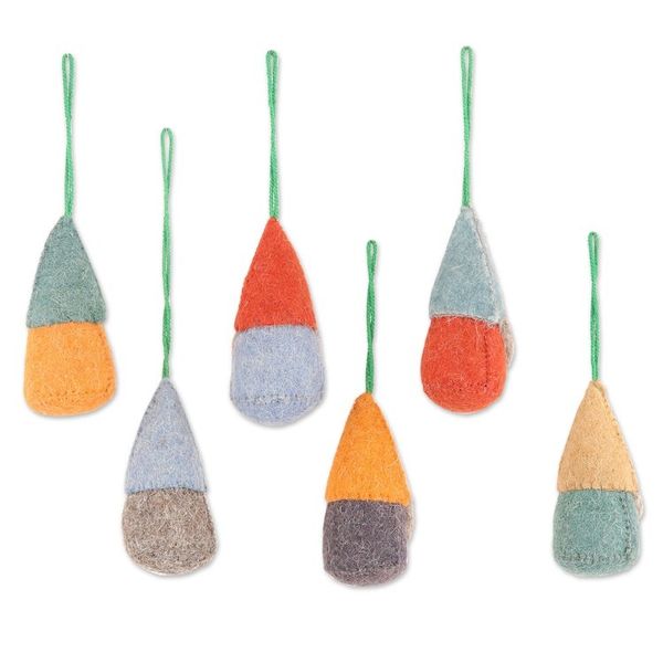 Alternate image for Set of 6 Wool Felt Gnome Ornaments in Cold Tones Winter Gnomes