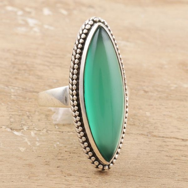 Alternate image for Marquise Green Onyx Cabochon Sterling Silver Cocktail Ring Gleaming Green