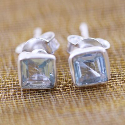 Alternate image for Sterling Silver Stud Earrings with Blue Topaz Gemstone Subtle Glimmer