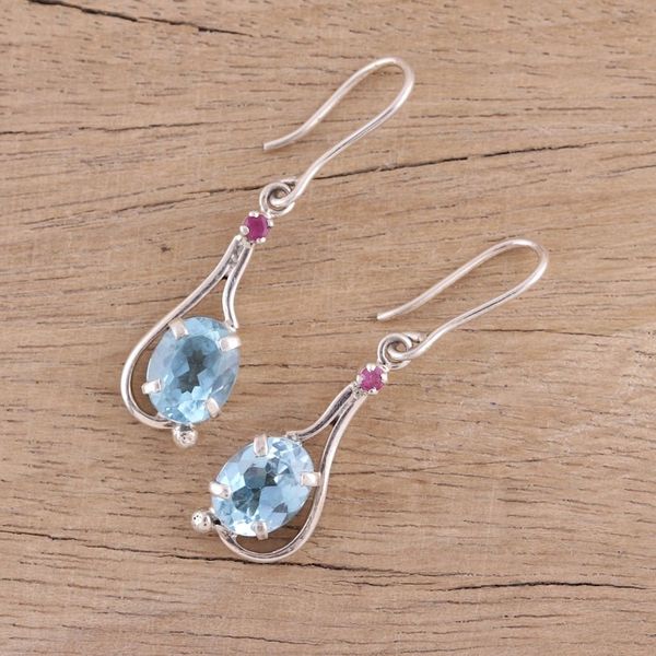 Alternate image for Indian Blue Topaz and Ruby Sterling Silver Dangle Earrings Enthralling Sky