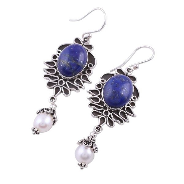 Alternate image for Lapis Lazuli and Pearl Earrings in Sterling Silver  Ethereal