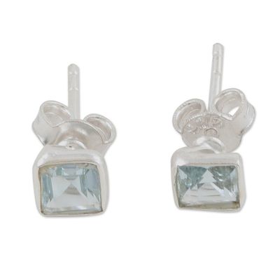 Alternate image for Sterling Silver Stud Earrings with Blue Topaz Gemstone Subtle Glimmer