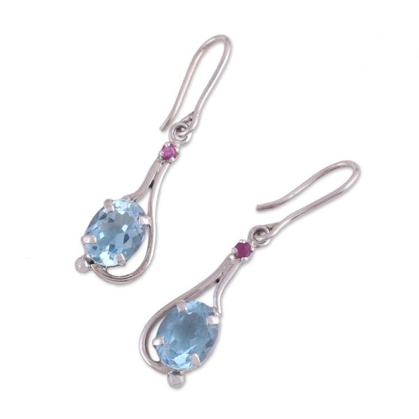 Alternate image for Indian Blue Topaz and Ruby Sterling Silver Dangle Earrings Enthralling Sky