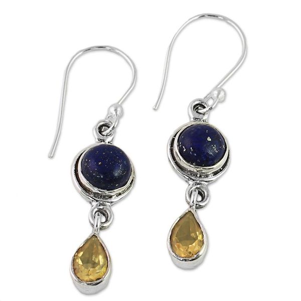 Alternate image for Lapis Lazuli and Citrine Sterling Silver Dangle Earrings Drops of Sun