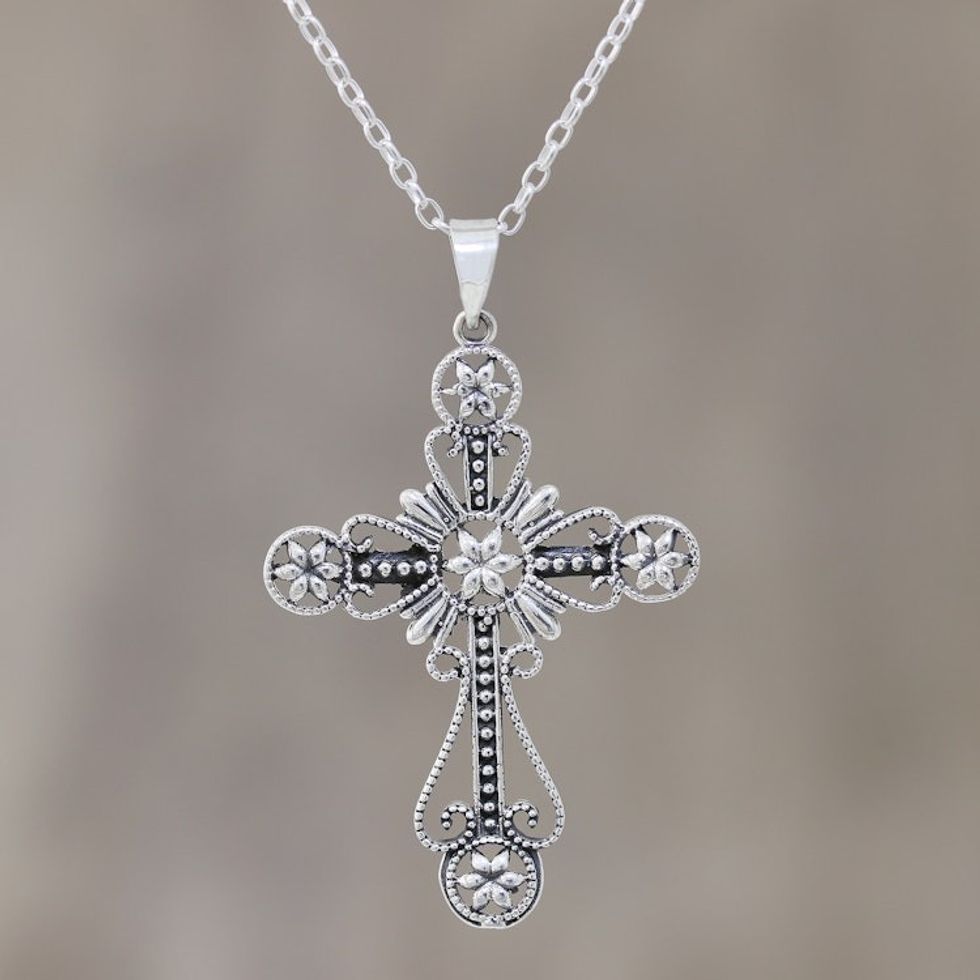 Floral Cross Sterling Silver Pendant Necklace from India 'Floral Faith'