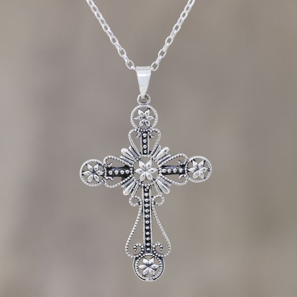 Alternate image for Floral Cross Sterling Silver Pendant Necklace from India Floral Faith