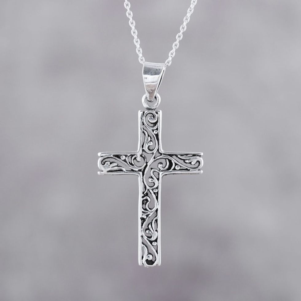 Handcrafted Sterling Silver Ornate Cross Pendant Necklace 'Adorned Cross'