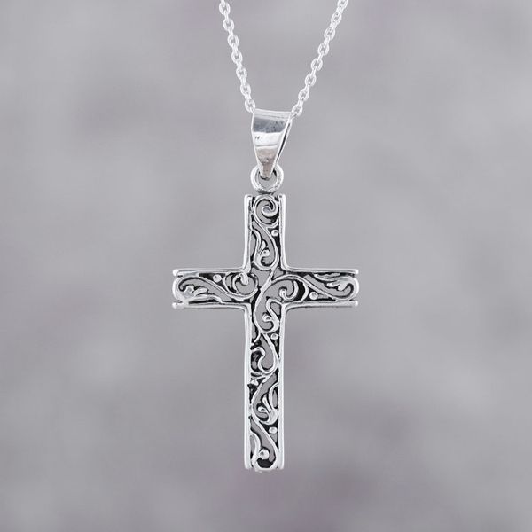 Alternate image for Handcrafted Sterling Silver Ornate Cross Pendant Necklace Adorned Cross