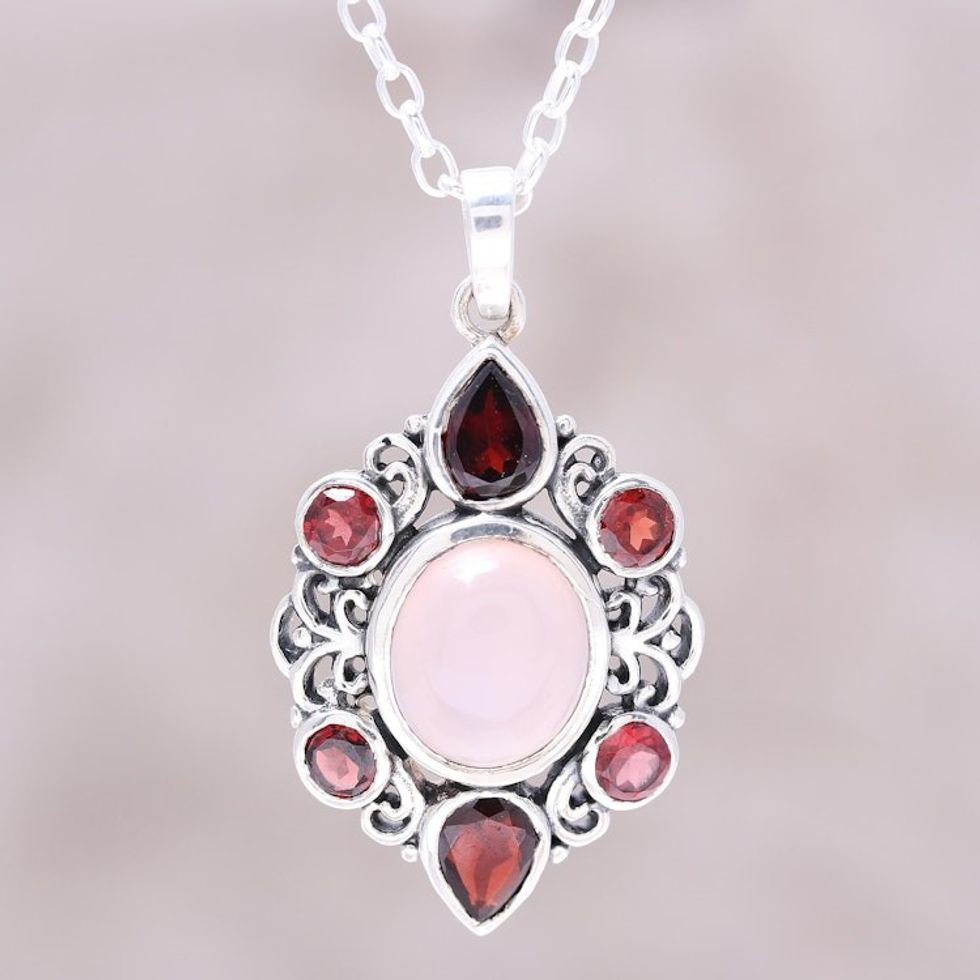 Garnet and Rose Quartz Pendant Necklace from India 'Glory of Red'