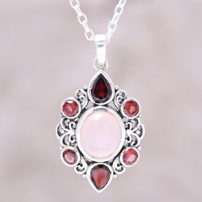 Alternate image for Garnet and Rose Quartz Pendant Necklace from India Glory of Red