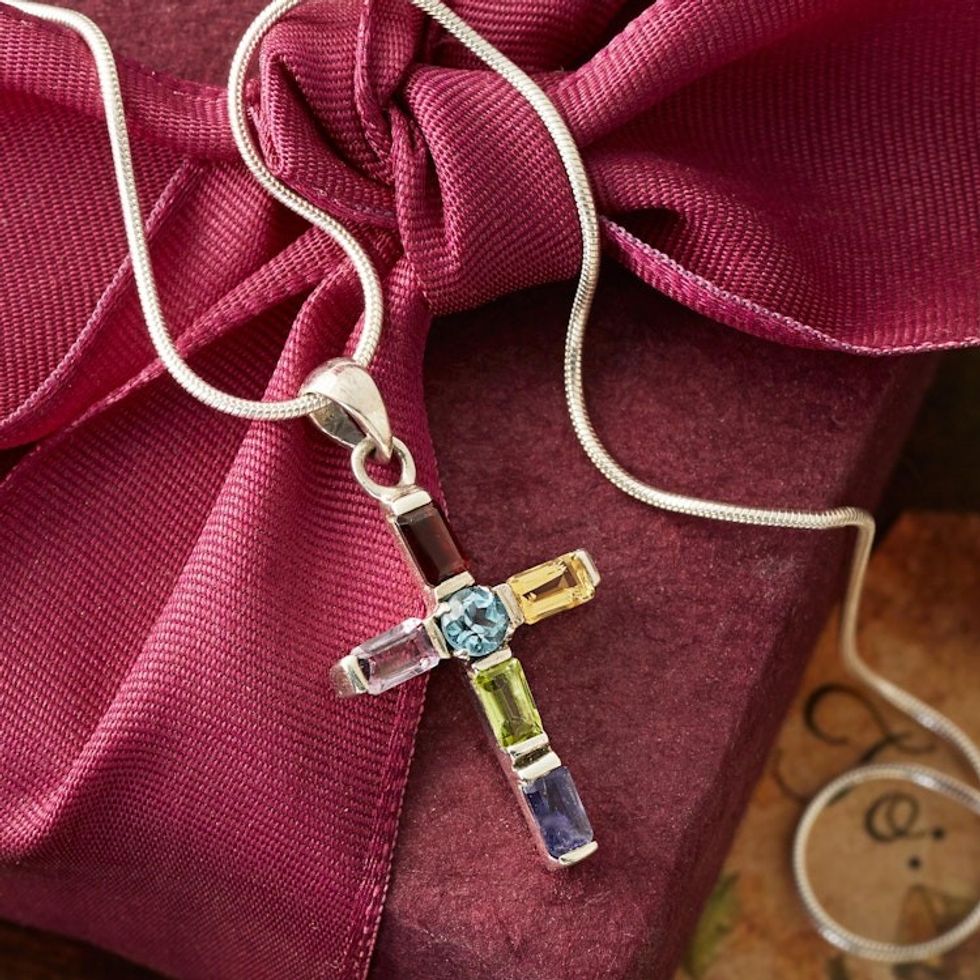 Handmade Multigem Cross Sterling Silver Religious Choker 'Kolkata Cross'