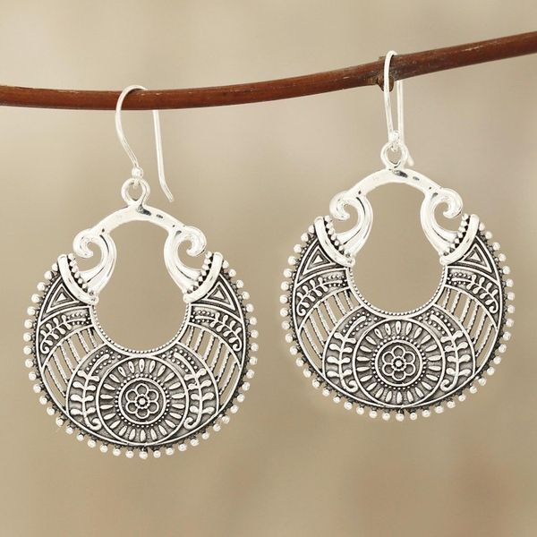 Alternate image for Round Floral Sterling Silver Dangle Earrings from India Floral Descent